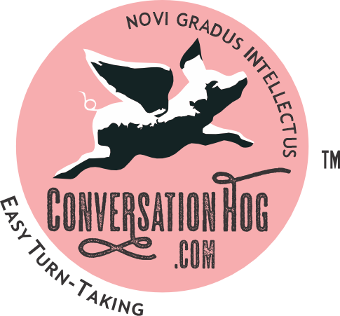 Conversation Hog — a winged pig in flight, on a rose-colored badge. Tagline: Easy Turn-Taking.