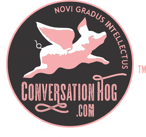 Conversation Hog — a winged pig in flight, on a dark badge. Tagline: Easy Turn-Taking.